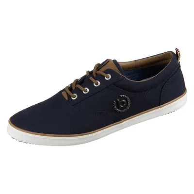 A single dark blue low-top sneaker with brown laces and trim is shown against a white background.