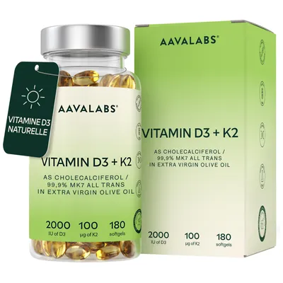 Image de Aavalabs Vitamine D3 K2 MK-7 | 2000 UI | Os et système immunitaire | 180 gélules molles