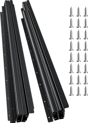 Two sets of black drawer slides and a set of screws are arranged diagonally on a white background.