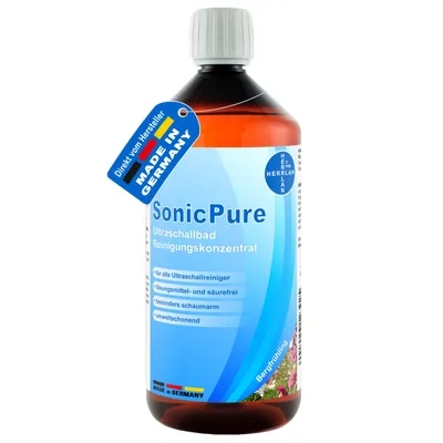 Produktbild von Ultraschallbad Reinigungskonzentrat SonicPure 1000 ml mit Bergfrühling-Duft für alle Ultraschallreiniger I HERRLAN-Qualität Germany