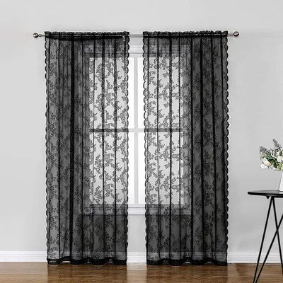 Zdjęcie produktu dla Czarne gotyckie zasłony witrażowe do salonu – luksusowe zasłony bohemskie do przedpokoju o długości 84 cali (150 x 200 cm), czarne