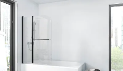 Produktbild von Badewannenfaltwand Marwell , 2-flg. 100 x 140 cm - Duschwand für Badewanne in matt schwarz - Badewannenaufsatz mit klarglas - Duschabtrennung mit Handtuchhalter