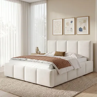 Zdjęcie produktu dla Łóżko tapicerowane, 180 x 200 cm, z tapicerowanym zagłówkiem, stelażem pod materac, idealne do sypialni i pokoju gościnnym, obicie z tkaniny chenille, kolor beżowy