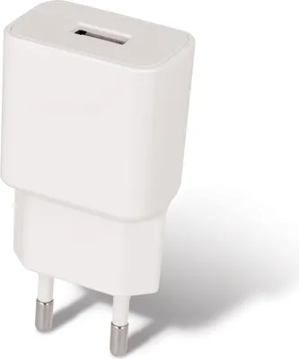 A white USB charger with a USB-A port and European-style plug prongs.