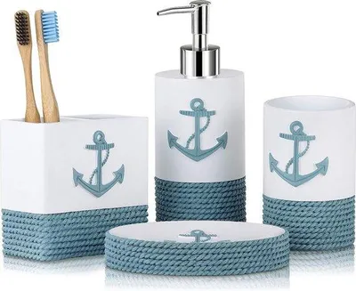 Zdjęcie produktu dla Zestaw łazienkowy w stylu marynistycznym, kotwica z liny, ocean, dozownik mydła w stylu nadmorskim, dekoracje plażowe