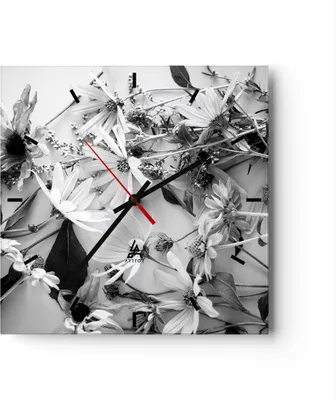 Produktbild von Wanduhr - Quadrat - Glasuhr - Blumen Schwarzweiß Fotografie - 30x30cm - Schleichendes Uhrwerk - Lautlos - zum Aufhängen bereit - Dekoration Modern - Wanddekoration aus Glas - C3AC30x30-4740