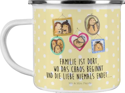 Produktbild von Mr. & Mrs. Panda Kaffeepott Igel Familie - Gelb Pastell - Geschenk, Teetasse, Emaille Becher, Haferl, Mama, Bilder, Liebe, Pott, Tasse, Muttertag, Papa