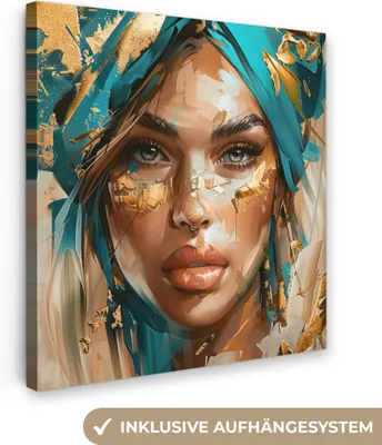 Produktbild von MuchoWow® - Leinwandbilder - Frau - Porträt - Gold - Luxus - Blau, Wandbild, Wanddeko Bilder Wohnzimmer, 90x90cm