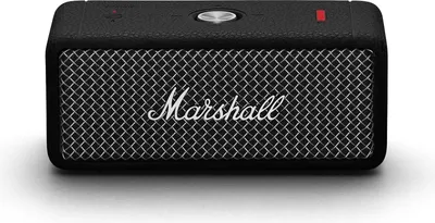A black Marshall speaker on a white background.