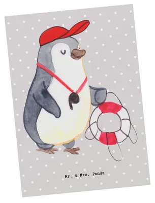 Produktbild von Mr. & Mrs. Panda Postkarte Bademeister Herz - Grau Pastell - Geschenk, Schwimmbad, Ansichtskarte, Freibad, Abzeichen, bildkarte, Postkarten, Schwimmtraining, Grußkarte