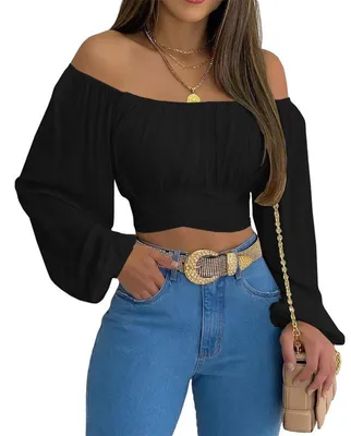Produktbild von Damen-Crop-Top mit schulterfreiem Schnitt, gerafftem Rückenteil und Laternenärmeln im Boho-Stil, Sommerbluse,Größe:XXL