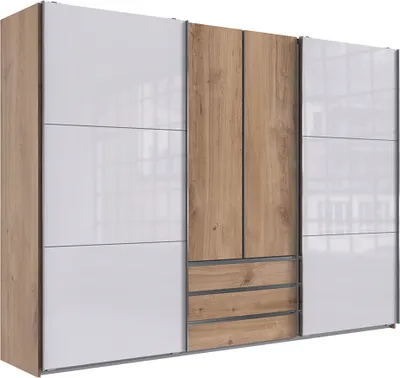 Produktbild von Kleiderschrank in Eiche Schwebetüren mit Glasfront weiß, MIDLAND-43