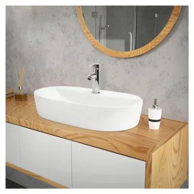 Produktbild von Waschbecken Keramik 600x400x120 mm oval Weiß mit Ablaufgarnitur Silber, Aufsatzwaschbecken für Badezimmer/Gäste-WC