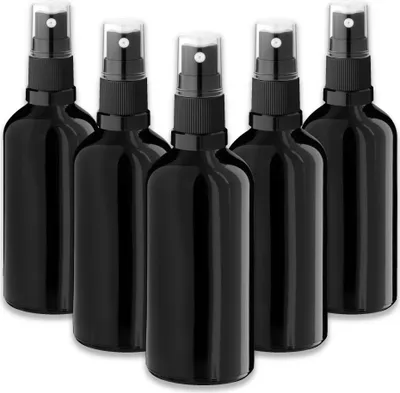 Produktbild von 5x Glasflasche schwarz 100 ml mit schwarzem Zerstäuber & Kappe Flasche