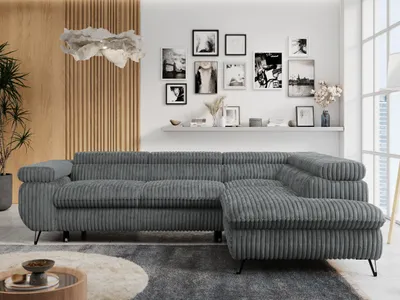 Produktbild von Ecksofa Sofa Grau, Wohnlandschaft L-Form mit Schlaffunktion und Bettkasten, Schlafsofa mit Bettkasten, Sofa mit Einstellbare Kopfstützen, Peter L - Dunkelgrau Cord - Rechts Grau