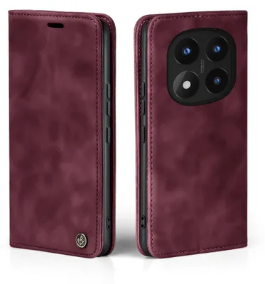 A product shot of a burgundy flip phone case for a Xiaomi Redmi Note 14 Pro 5G / Pro+ 5G, shown from two angles.