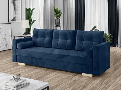 Produktbild von Schlafsofa KAYA Sofa mit Schlaffunktion und Bettkasten, Klappsofa, Schlafcouch mit Füßen aus Holz, Couch in Frabe: Blau, Veloursstoff
