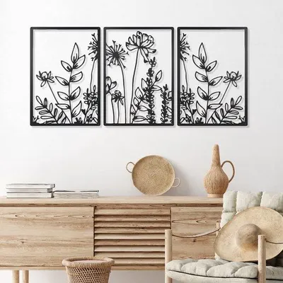 Productafbeelding van Unyqoos® Set van 3 metalen wanddecoraties met bloemenmotief, zwart, elk ongeveer 41,9 x 30 cm, inclusief 12 zwarte schroeven – geschikt voor woonkamer en kantoor