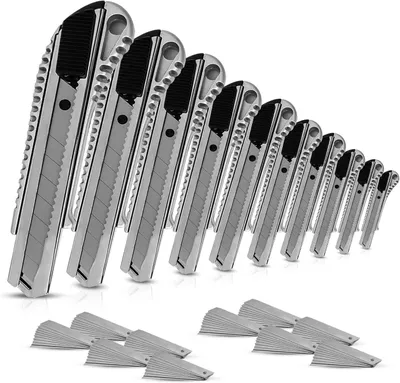 Zdjęcie produktu dla Nóż z ułamanym ostrzem 18 mm, 10 sztuk, 100 ostrzy zapasowych, aluminium, do majsterkowania