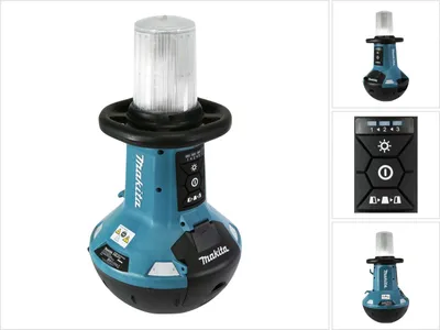 A product shot of a Makita LED work light with inset images showing a detail of the light and its control panel.