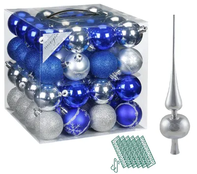 Produktbild von JACK 64x Kunststoff Christbaumkugeln Ø 6cm + Spitze 28cm inkl. Aufhänger Kugeln Blau-Silber