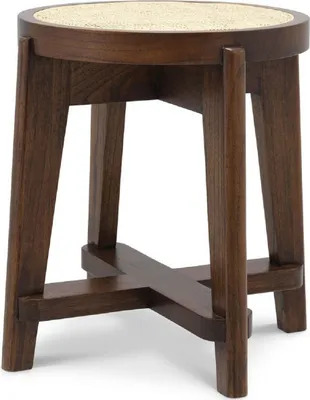 Produktbild von Casa Padrino Luxus Hocker Braun / Naturfarben Ø 44,5 x H. 47 cm - Runder Massivholz Sitzhocker mit Rattangeflecht - Wohnzimmer Möbel