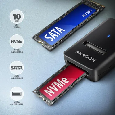 Zdjęcie produktu dla Axagon ADM2-AM USB-A 10Gbps - M.2 NVMe & SATA SSD adaptér, kabelis USB-A 10cm, Obudowa SSD, M.2, M.2, NVMe-oF, SATA, 10 Gbit/s, Połączenie USB, Czarny