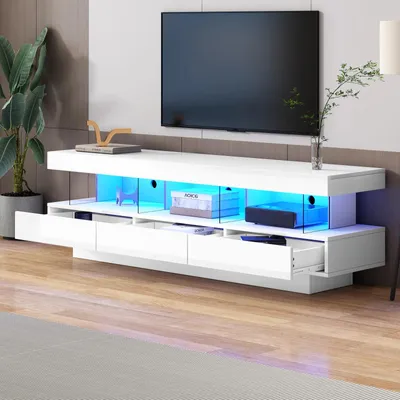 Zdjęcie produktu dla RTV stojak - szafka pod telewizor - 3 szklane półki - oświetlenie LED - sterowanie aplikacją - Bluetooth - wysoki połysk - biały