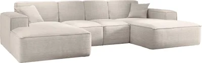 A U-shaped sectional sofa in a light beige corduroy fabric, shown against a white background.
