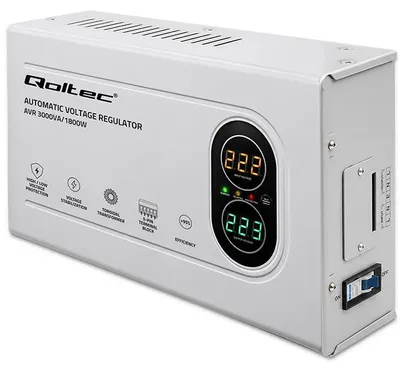 Obrázek produktu pro Stabilizátor napětí Qoltec AVR, 3000 VA, 1800 W, s transformátorem s toroidním jádrem