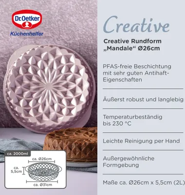 Produktbild von Dr. Oetker Creative Rundform Mandala  Ø 26 x 55 cm, 2000ml, Premium Aluminiumguss Backform, PFAS-freie Antihaftbeschichtung, in Rose-Gold, Hitzebeständig bis +230°C
