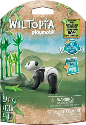 The packaging for a Playmobil Wiltopia panda toy set, featuring a panda figure and bamboo stalks against a natural landscape background.