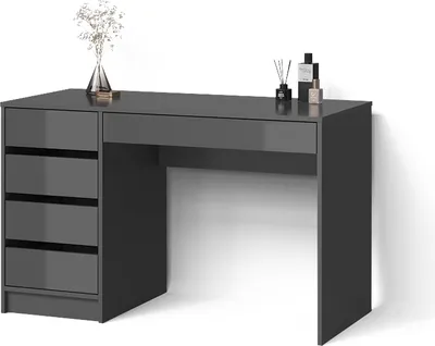A dark gray vanity table with drawers on the left and a large open space on the right, placed against a white background.