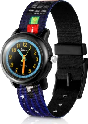 A close-up shot of a children's watch with a black case and a colorful patterned strap.