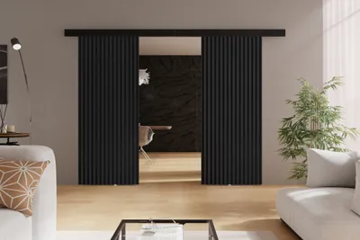 Produktbild von Schwebetüren 130 cm Belor Duo - Schiebetür mit Lamellen imitation, Design Zimmertür - Schiebetürsystem (Graphit)