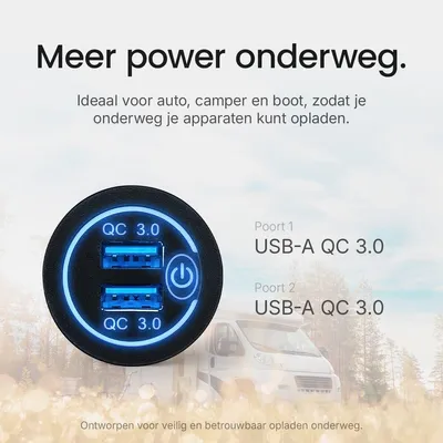 Productafbeelding van ProRide USB-A-autolader - 2 poorten - QC3.0 - 18W - Met schakelaar - Inbouw - 12V - Blauw