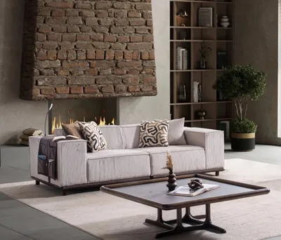 Produktbild von s Stoffsofa Designer Holz Couchtisch Wohnzimmer Set