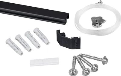 Produktbild von STAS Bilderschiene – Bilderaufhängesysteme / Fotorahmen / Poster – Galerieschiene – Minirail + Perlonseil 150 cm + Zipper bilderhaken