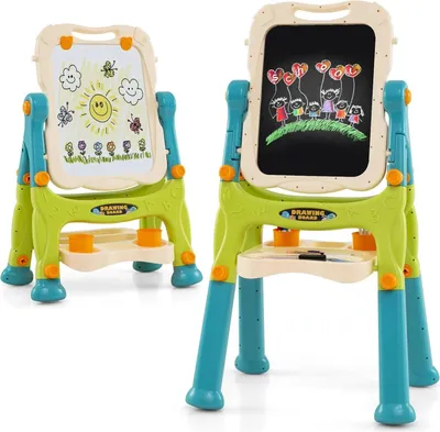 Immagine prodotto di Lavagna per bambini - Cavalletto - Lavagna bianca e lavagna per gessetti su entrambi i lati - Regolabile in altezza - Magnetica - Per bambini da 0 a 3 anni - Verde
