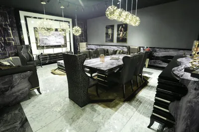 Produktbild von Schwarzes Esszimmer Set Garnitur Essgruppe Esstisch 232x112cm + 6x Lehnstühle