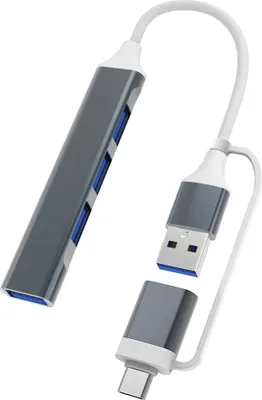 A USB hub with multiple ports and a USB-C connector, isolated on a white background.