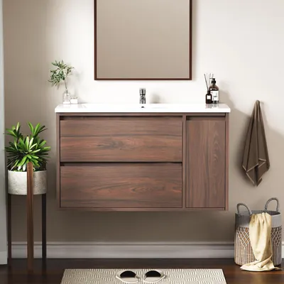 Immagine prodotto di Lavabo con mobile sottolavabo da 90 cm, finitura effetto noce, sospeso, in Vetroceramica, con chiusura ammortizzata