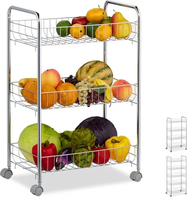 A three-tiered wire rack filled with various fruits and vegetables, presented on a white background.