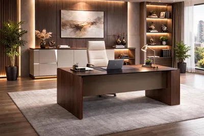 Immagine prodotto di Arredamento da ufficio elegante: scrivania di design color marrone, mobile contenitore di pregio
