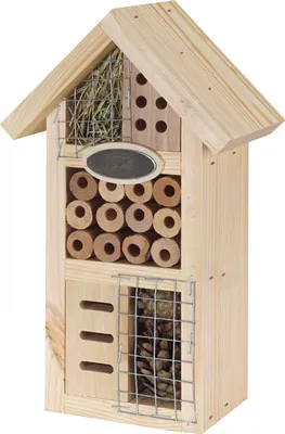 Produktbild von Dehner Natura Premium Insektenhotel Regina, Insektenhaus / Nistkasten für Bienen/Schmetterlinge/Käfer, ca. 16 x 27 x 9 cm, aus FSC®-em Kiefernholz / Metall, natur