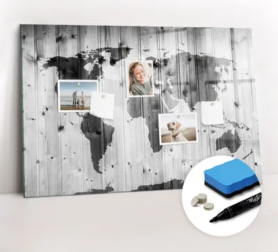 Produktbild von Magnetpinnwand Memoboard - Zubehörsatz - Schwarzer Marker + Schwamm + Magnete - 90 x 60 cm - Weltkarte auf Holz