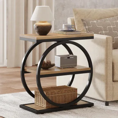 Image de Table d'appoint à 3 niveaux - Table de salon - Bois avec piètement en métal noir - Style industriel, rectangulaire - 30 × 60 × 65 cm - Chêne
