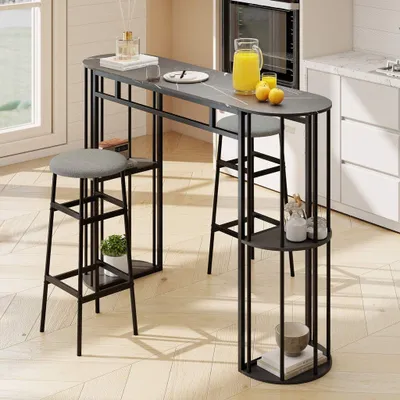Image de Table de bar 150 cm imitation marbre, structure en métal noir, étagères de rangement