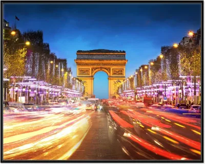 Produktbild von Wallario Wandbild Arc de triomphe in Paris bei Nacht, Größe: 40,30 x 50,30 cm, Poster mit schwarzem Aluminiumrahmen