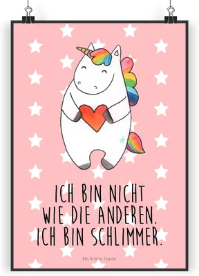 Produktbild von Mr. & Mrs. Panda Bild Einhorn Herz DIN A4 - Rot Pastell - Geschenk, Poster, Wandbild, drucke, Unicorn, Freundin, Bunt, Kunstdruck, Einhörner, wanddeko